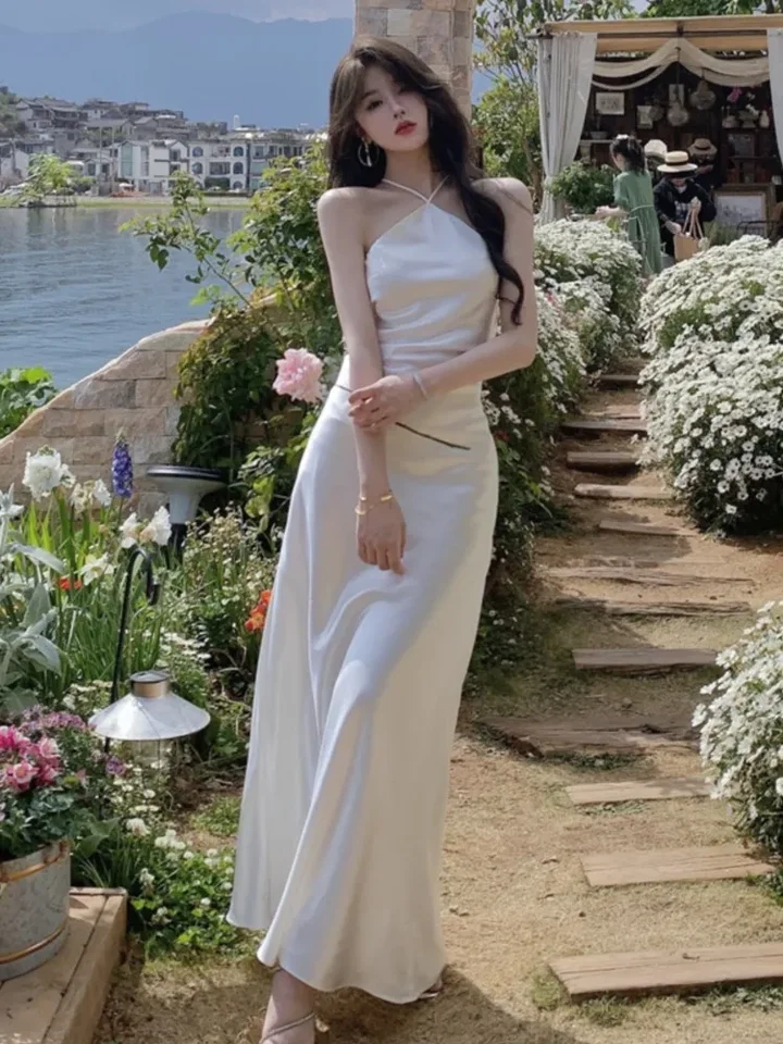 Ženy letné elegantné nové ohlávanie sexy biele šaty Lady Elegantná backless Party midi šaty bez rukávov bez rukávov Vestidos