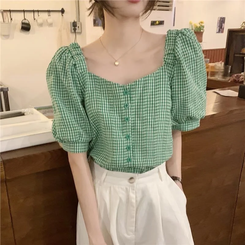 Ženy letný štýl blúzky košele Lady Casy Struc Puff Ruckve Square Collar Plaid Blusas Tops ZZ2030
