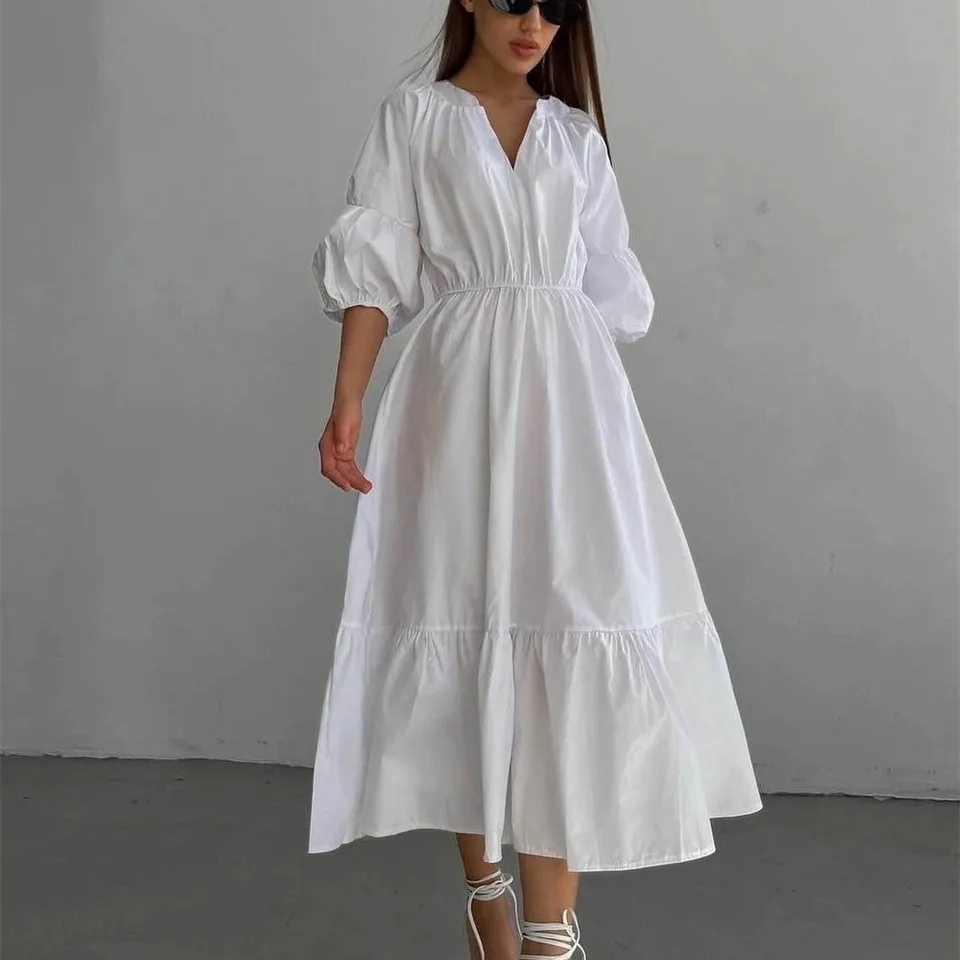 Ženy leto s vysokým pásom puzdro na puzdro dlhé šaty v krku V dobrej kvalite pevná farba biela maxi šaty dovolenka boho šaty Vestidos