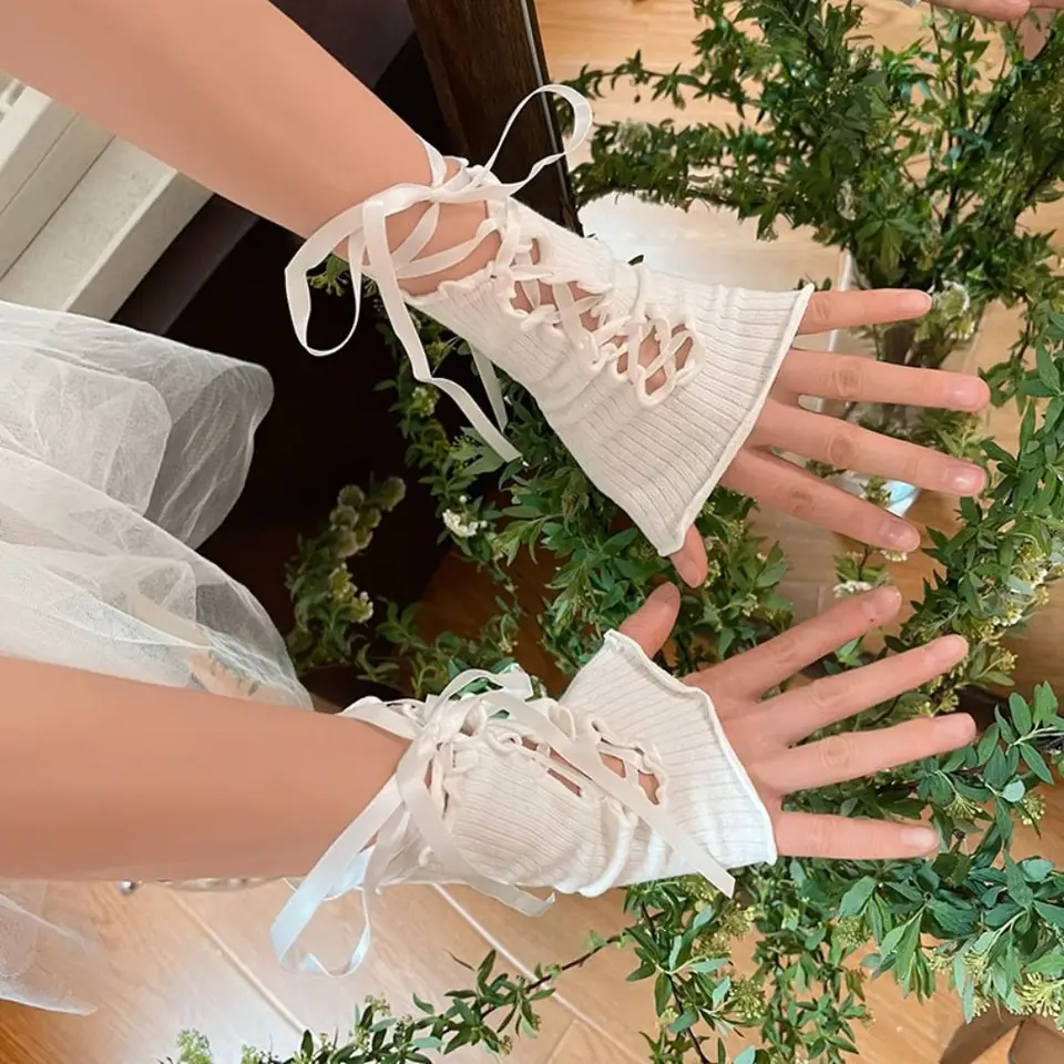 Ženy lolita jk čipkové rukavice bez prstov Čierne gotické rukavice DIY pripútané opaľovacie krémy elastické punkové rukavice
