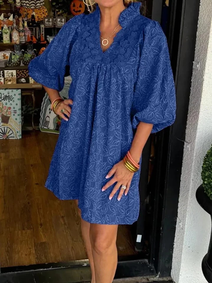 Ženy Loose V Brck Fashion Party Dress, Jeseň Puff Ruckve Lace Patchwork Mini Šaty, 2024 Príležitostné tlačové šaty Streetwear