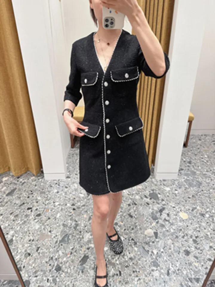 Ženy Lurex Tweed Mini šaty čierna vlna Orech Edge Orez
