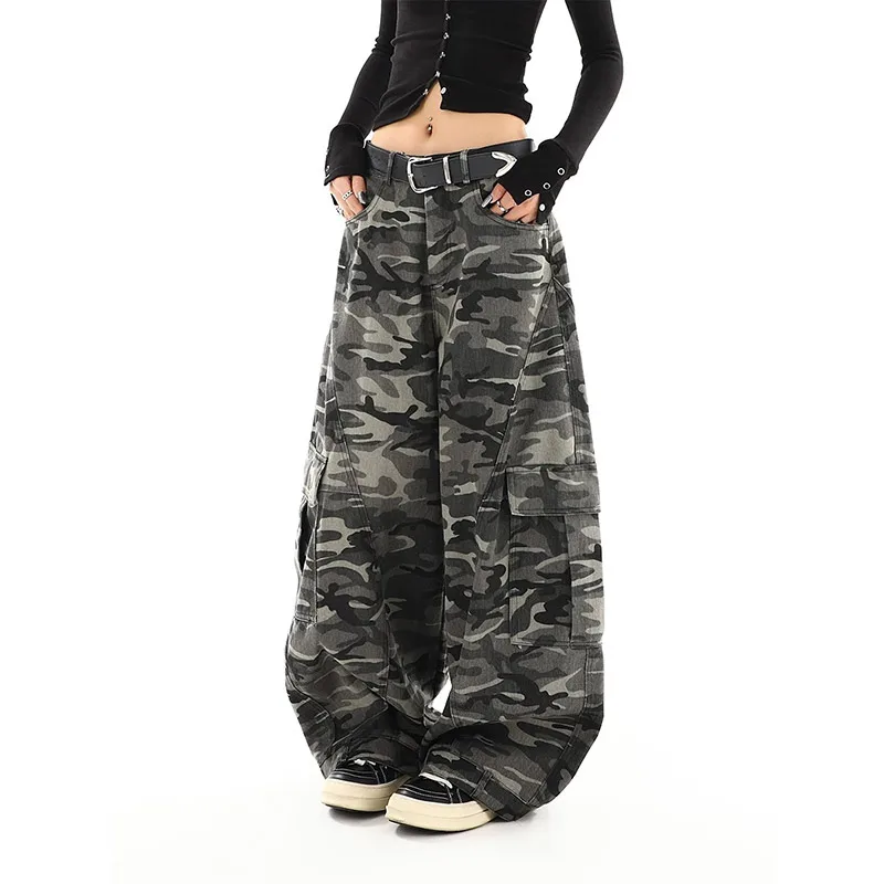 Ženy maskovacie džínsy zmyslové dizajn Vintage s vysokým pásom priamy džínsový nohavice y2k American Streetwear široké džínsové nohavice