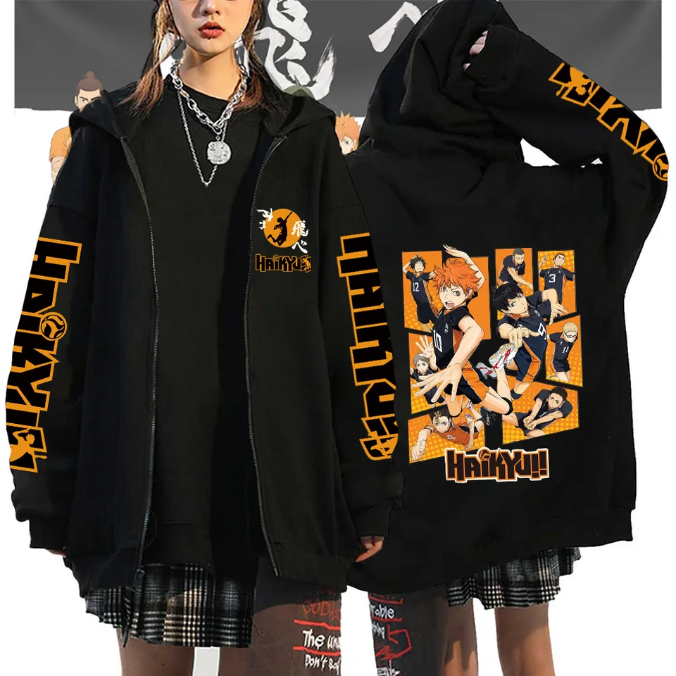 Ženy Men Anime mikina haikyuu zips -up bunda Karasuno High School plus veľkosť mikiny harajuku unisex na jeseň teplé streetwear
