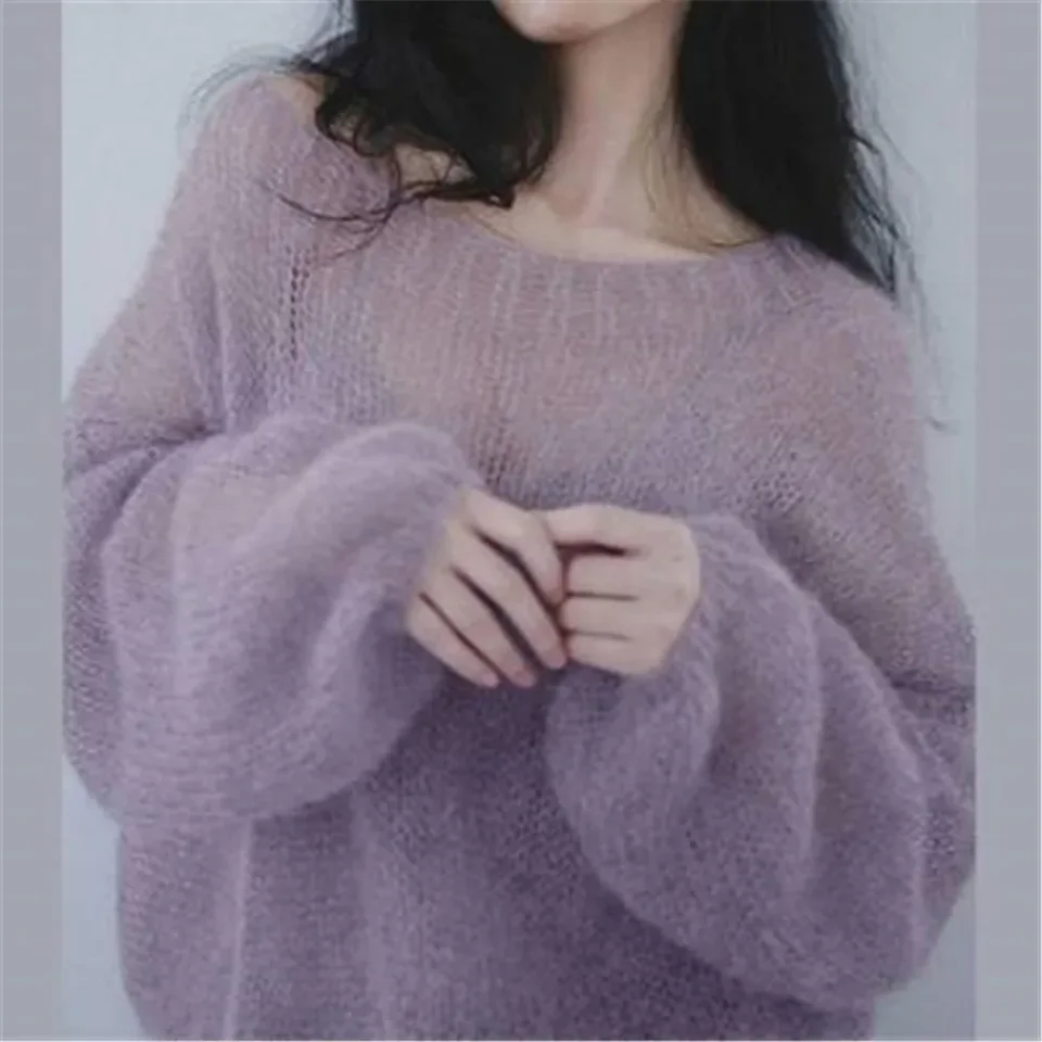 Ženy Mohair tenké svetre Retro duté pletené pullovy sladké dievčatá sexy lomík krk voľná mikina elegantné kórejské oblečenie