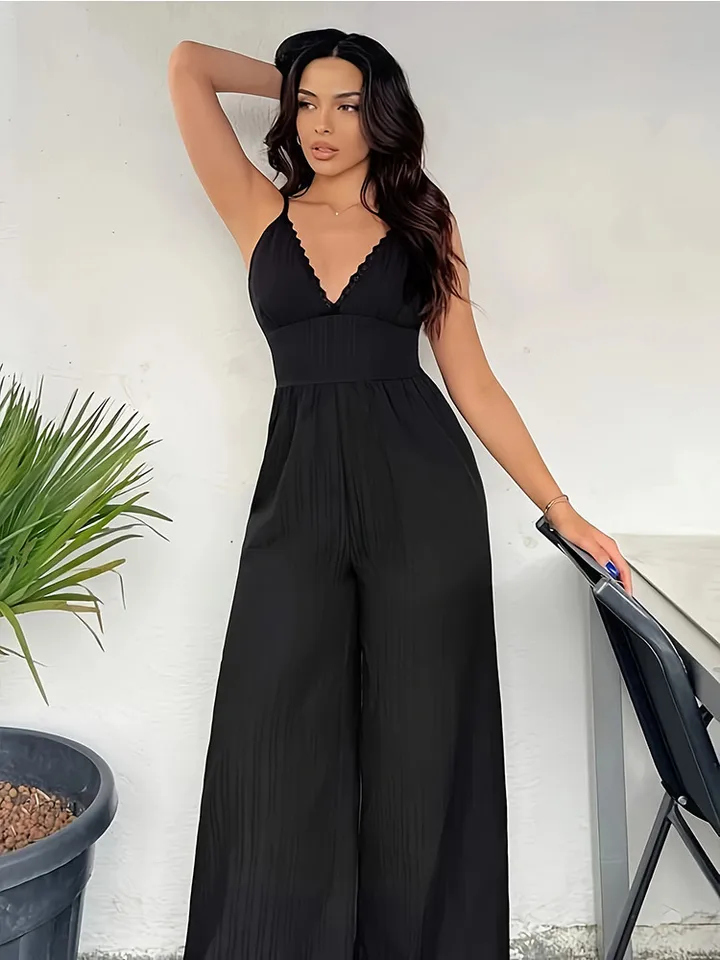 Ženy móda letné elegantné čipky Čierna kombinéza v krku V spätné nohavice na zips