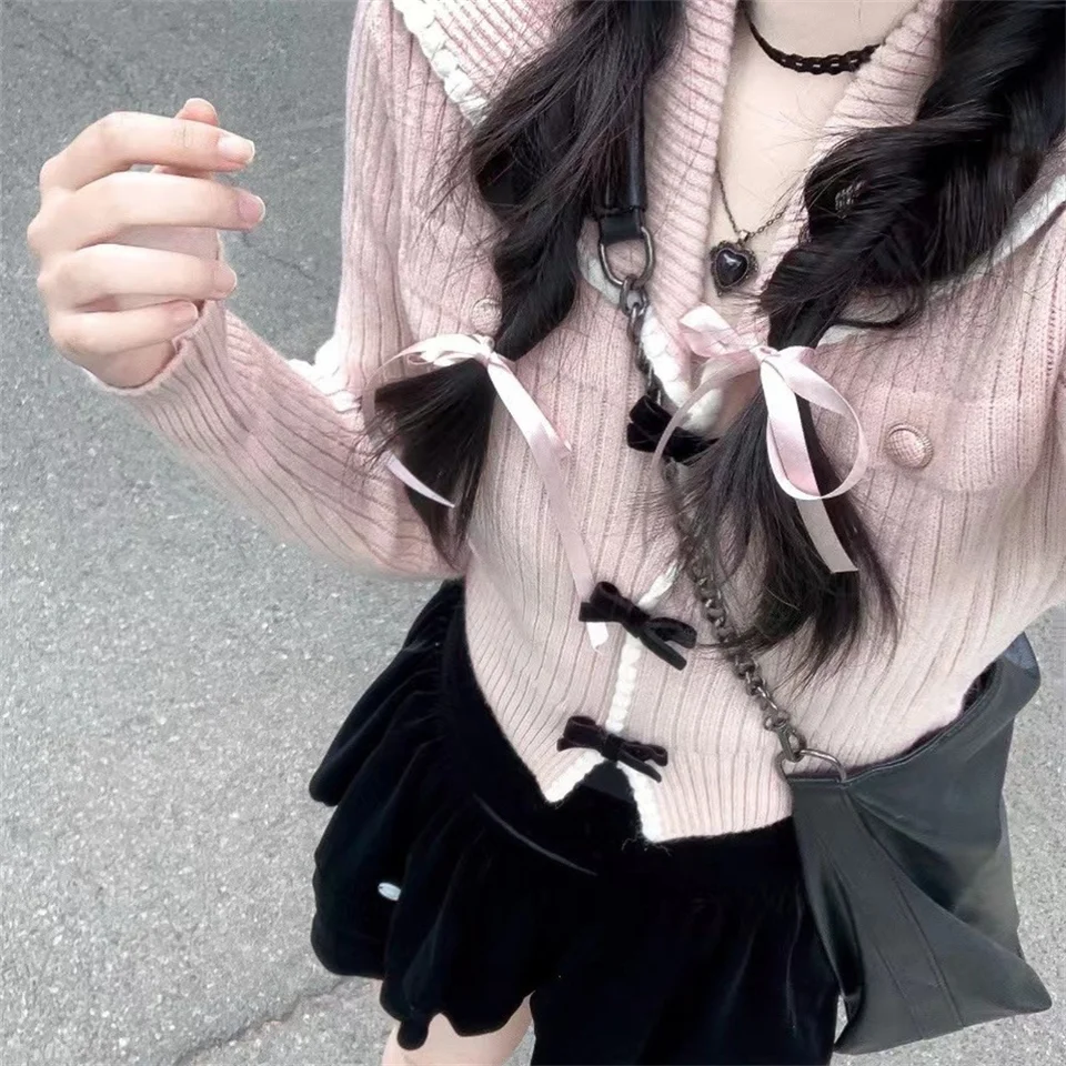 Ženy módne japonské štýlové luky s krátkym dĺžkou Slim Fit Pink Sweet Sweet Mardigan s dlhým rukávom s vysokým pásom pletene pletených vrstiev vrcholov
