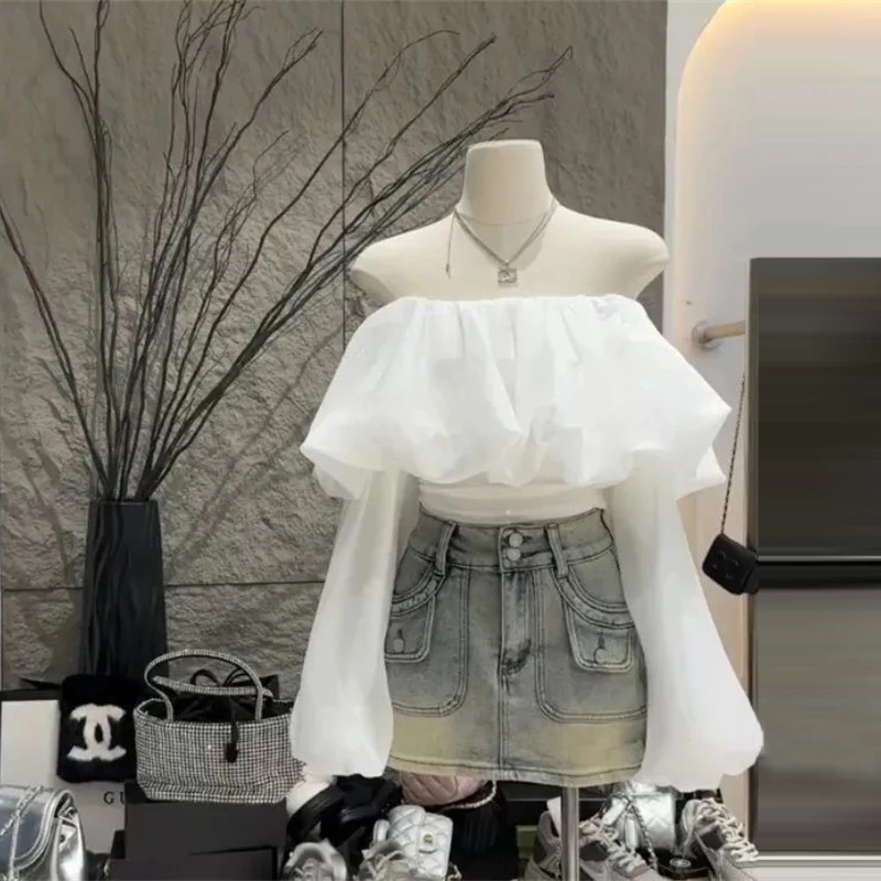 Ženy módne rufje sexy z ramien blúzky 2024 jarné biele sladké elegantné blúzka Príležitostné s dlhým rukávom Slim Topy Blusas de Mujer