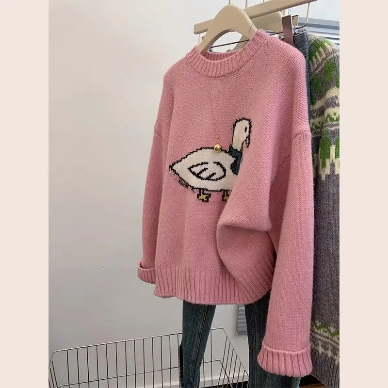 Ženy módne vtipné roztomilé karikatúra vyšíva sladké ružové ružové elegantné pletené sveter Príležitostné o krk dlhý rukáv voľný pullover Tops Skyps