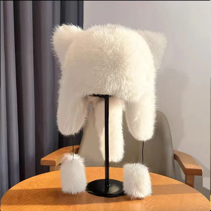 Ženy mýval faux kožušinové čiapky Lady Fox Fox Pompon Ushanka Hats pre zimu Husté teplé uši módne bombardér pom pom