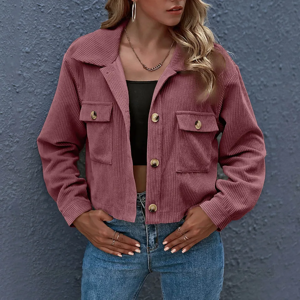 Ženy na jeseň zimné orezané bundy voľné fit gombíky hore Corduroy bunda vrcholy s dlhým rukávom košele zimné jeseň streetwear куртка куртка