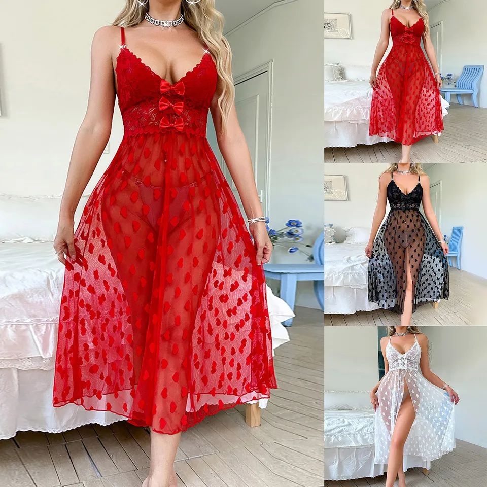 Ženy na Valentína porno šaty erotické priehľadné priehľadné vyšívanie srdca pletivo nočné dresy Romantické luky Sleepdress Sex kostýmy