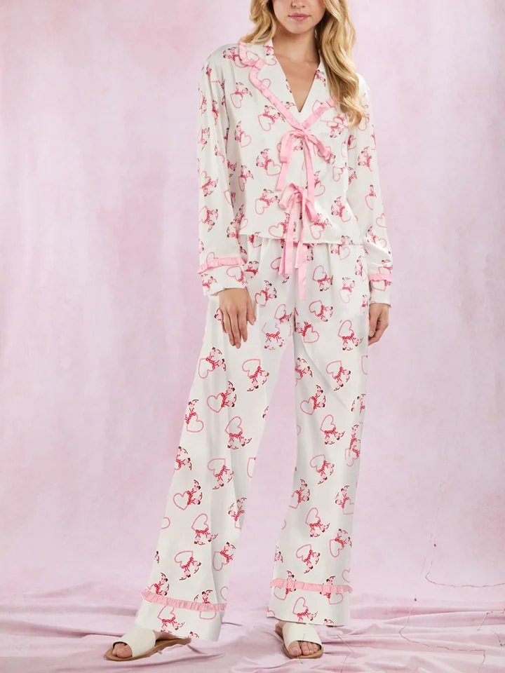 Ženy na Valentína pyžamové súpravy motýliky s dlhým rukávom košele nohavice pjs sladké srdce Print Loungewear spánok