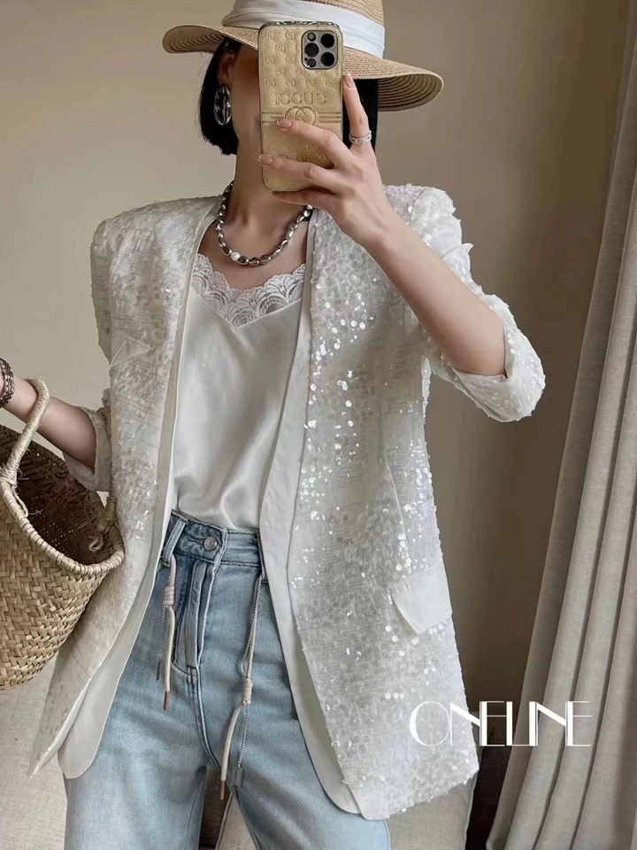 Ženy nové v roku 2023 Kórejský V-krk flitry na mieru bunda na mieru dámska stredná dĺžka lesklý večierok ležérne šumivé sako Top odev