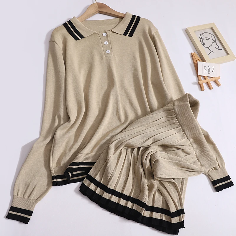 Ženy Nový preppy štýl Fall Winter pletená sada kontrastné farebné pólové obojok s dlhým rukávom a vysoký pásový skladaný športový oblek sukňa