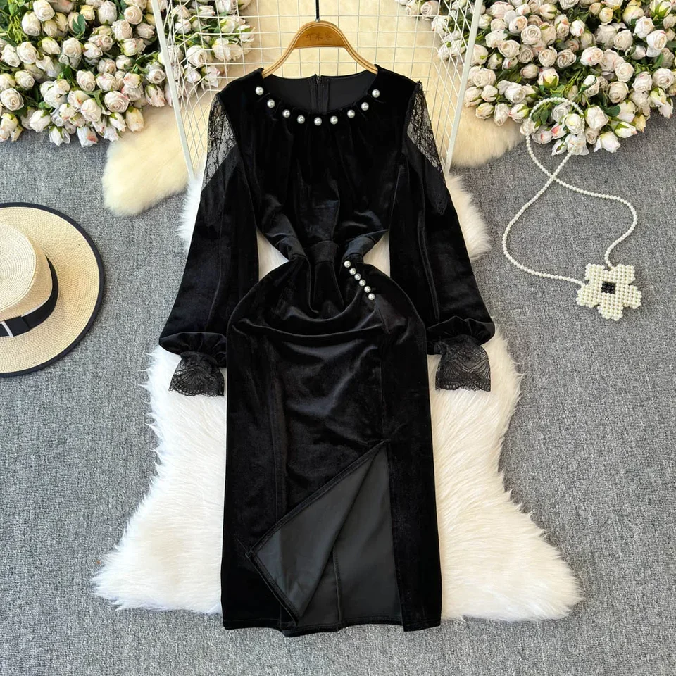 Ženy O-krk Základy s dlhým rukávom Elegantné čipky Dutlow Out Pearl Slim Split Dress French Even Evening High Street Jeseň zimné oblečenie