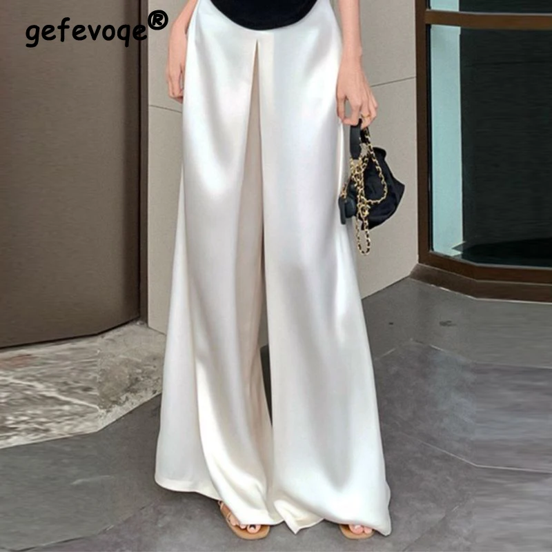 Ženy odev vysoko kvalitné saténové saténové elegantné elegantné biele nohavice na biele nohavice letná kancelária Lady Vintage voľné priame pantalony