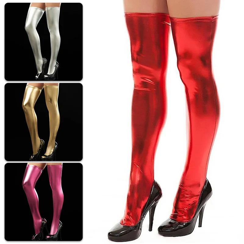 Ženy olejové lesklé kožené pančuchy ružové ružové červené sexy patentské kožené stehno vysoké pančuchy Pohodlné plné farebné pančuchy Dámy