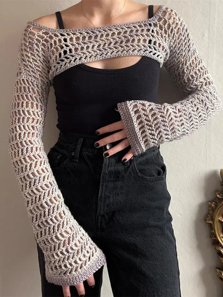 Ženy orezané sveter letný pád Dutlow Out Pleted Top Top s dlhým rukávom pullover pokrčí plecami.