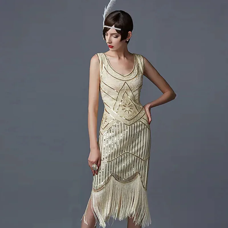 Ženy Party šaty 1920 s Great Gatsby Flapper Vestidos Flitry korálky Fringe Dress Even V krk zdobenie strapce bez rukávov