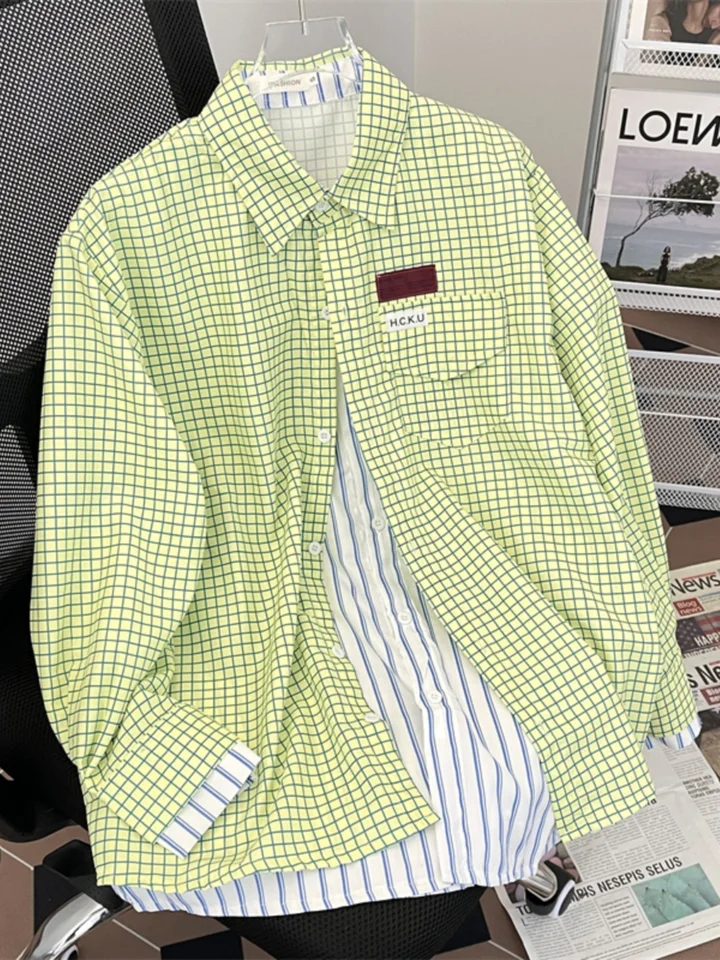 Ženy Patchwork Plaid Shout and Blouses Y2K Vintage Kórejský Harajuku Fashion 90. roky Elegantné s dlhým rukávom Polov košele Top oblečenie
