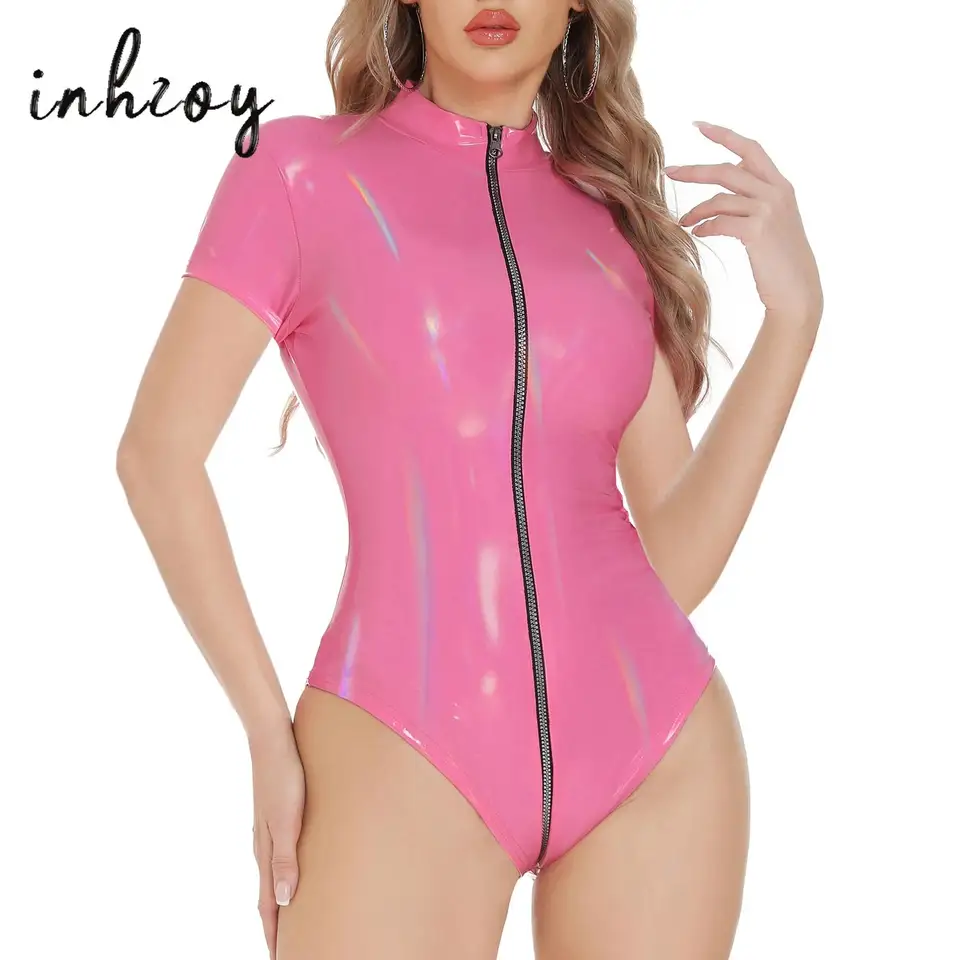 Ženy patentované kožené kombinézy mokrý vzhľad latex zipsový rozkrok Catsuit Leotard Lingerie Pole Dancing Rave Romper Crotch kostým Crotch