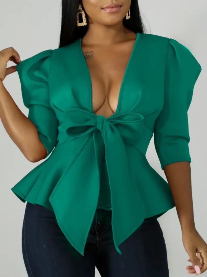 Ženy peplum blúzky vrcholy s pásom pásom bowtie polovičné rukávy hlboké v krk sexy večierok Clubwear Night Out Evening Bluas Ladies
