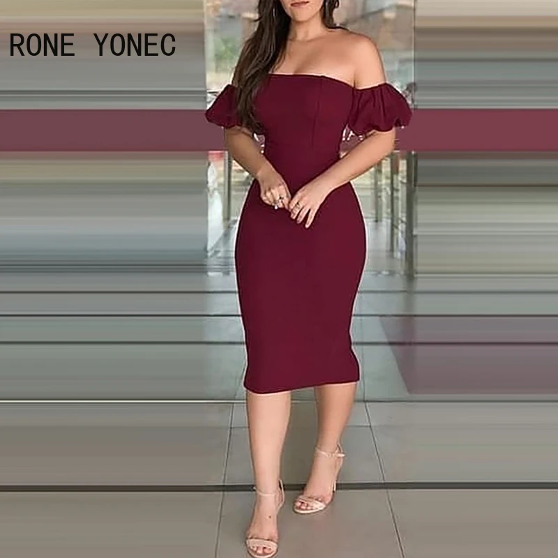 Ženy pevné z ramena Krátke lucerné rukávy malé bahno Bodycon Sexy formálne večierky šaty