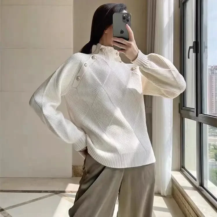 Ženy Plaid Sweater Half High Collar Gombíky s dlhým rukávom Jednoduché ženské oblečenie dám