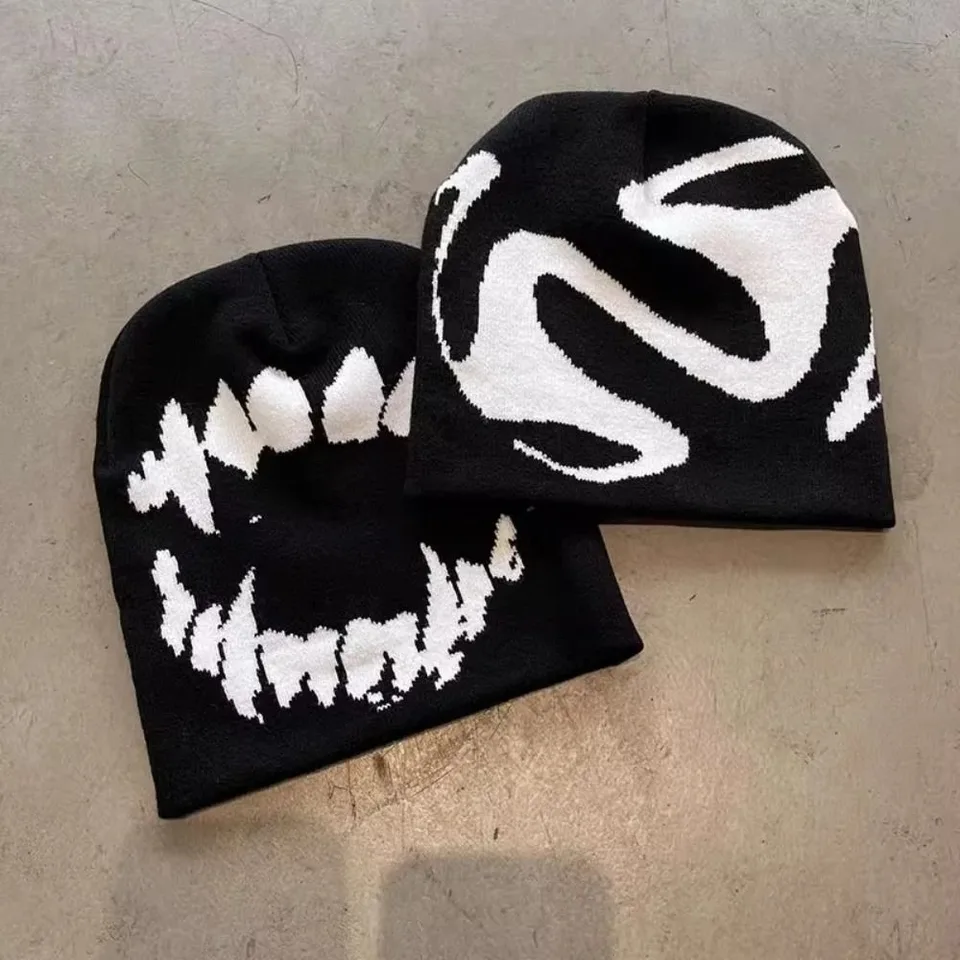 Ženy pletenie čiapky Goth zubné čiapky muži Y2K Streetwear Winter Fashion Pullover KPOP Harajuku Vintage teplý hip hop unisex