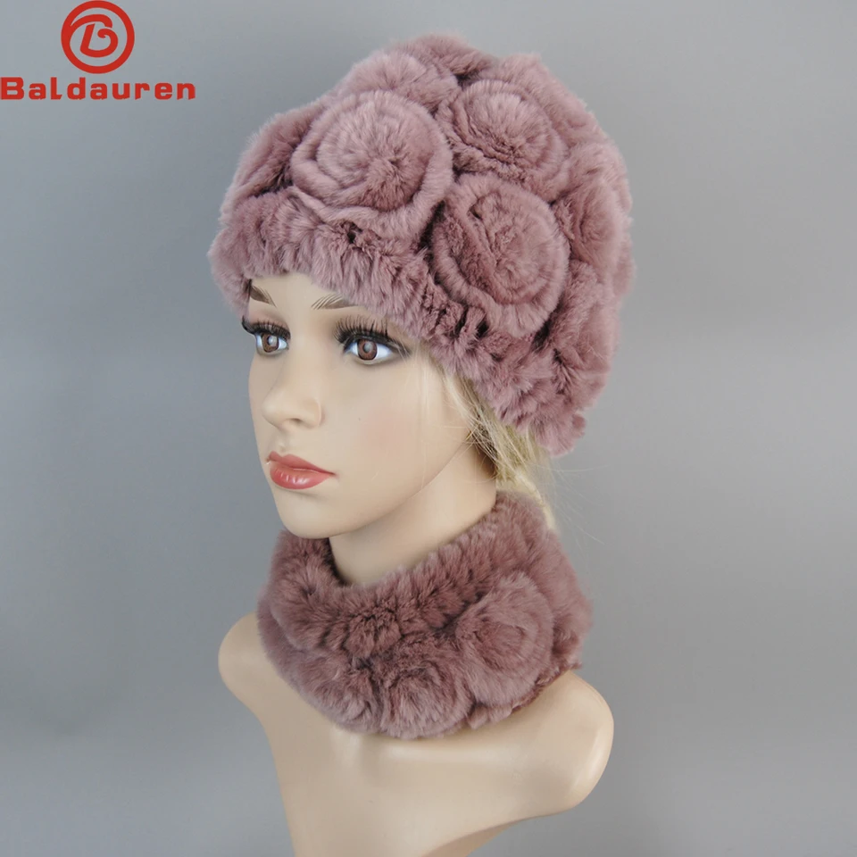 Ženy pletené skutočné rex Rabbit kožušinové klobúky Sety Sety Natural Warm Rex Rabbit Curs Curves Hat Winter Lady Real Rex Rabbit Fur Hat Scarf