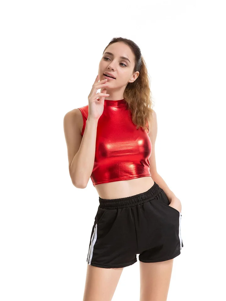 Ženy plodina top lesklý materiál kožená kožená vesta Športové tanky Tops Zlato strieborné žiariace farebné zelené červené oblečenie