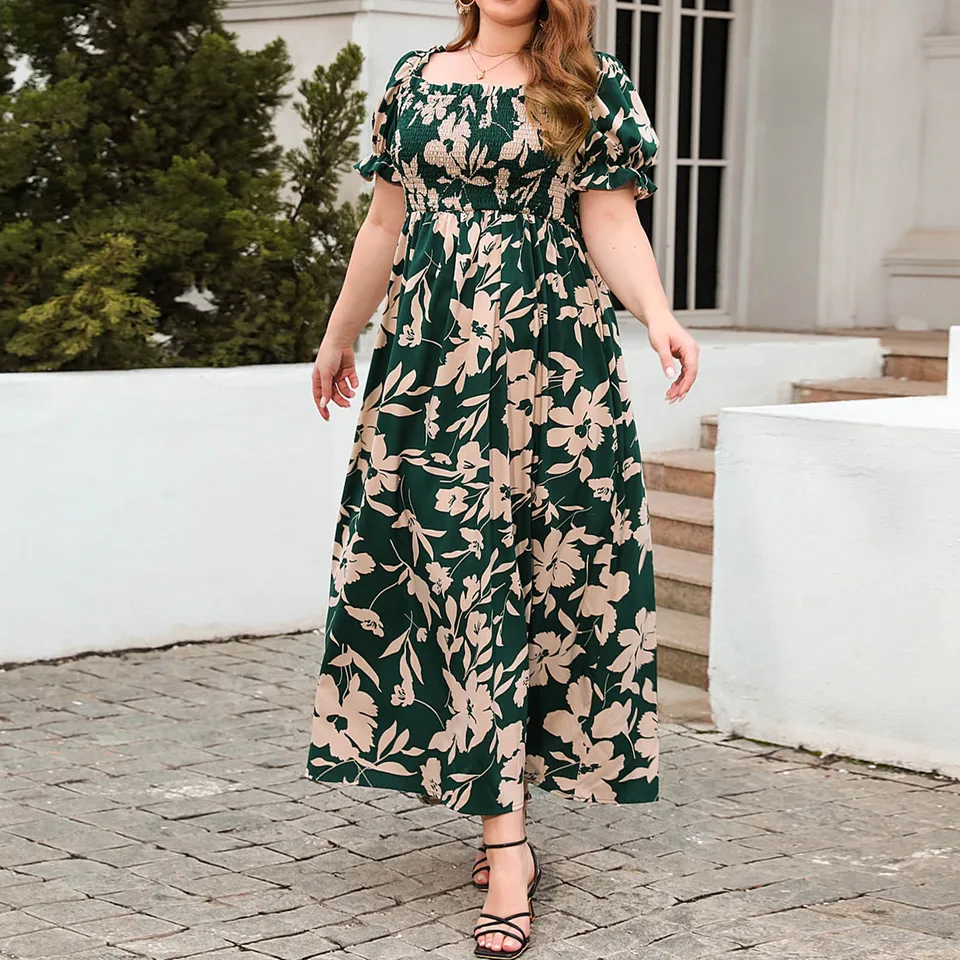 Ženy plus veľkosť kvetinová tlač kvetinová tlač Elegantné rukávové rukávy Príležitostné skladané dlhé šaty