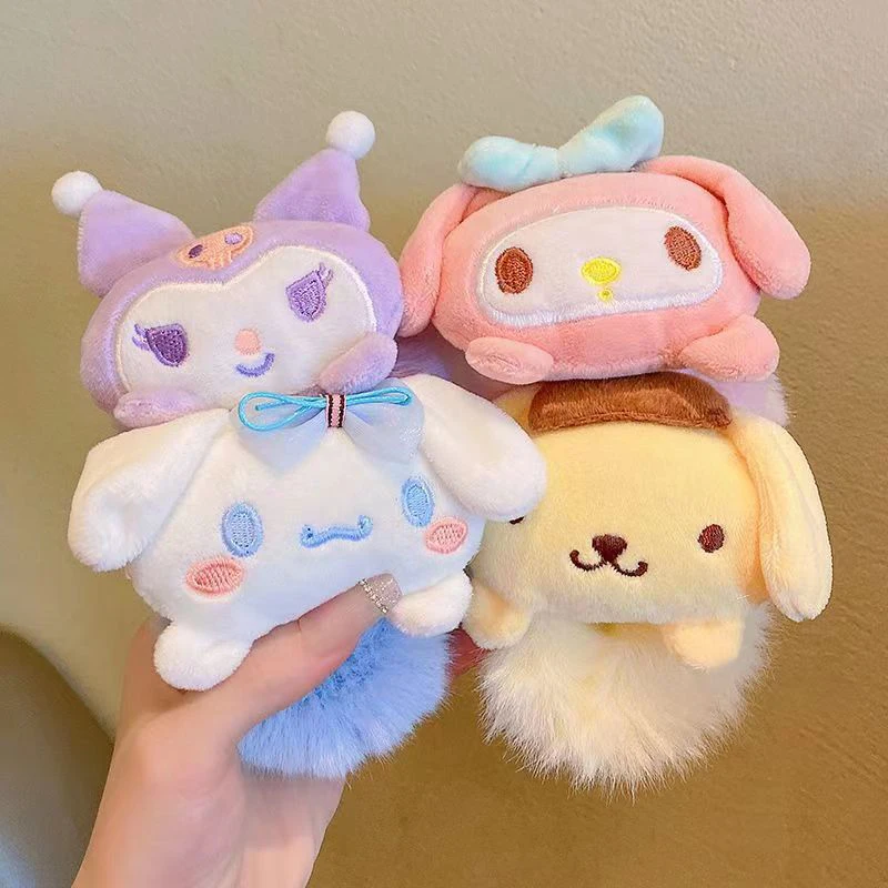 Ženy plyš scrunsie elastické elastické sanrio melody kuromi hello mačiatko cinnamoroll vlasové kravaty lany