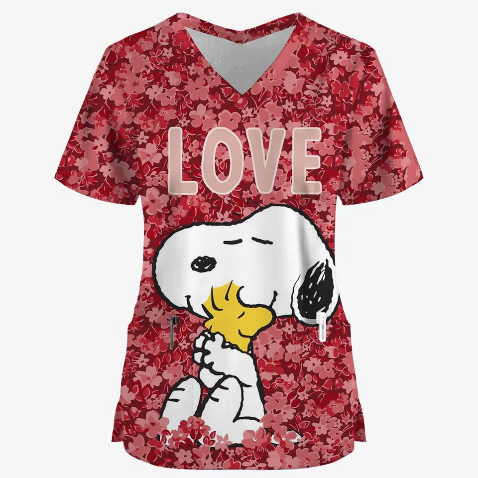 Ženy pracujúce jednotné snoopy potlač karikatúru psa s krátkym rukávom v krku V Tops femme blúzka sestra práca nosiť lekárske uniformy