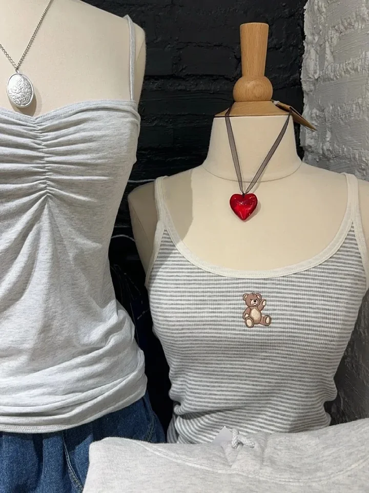 Ženy pruhované malé medvedie výšivka Tank top letné leto u krk bavlnené rukávy Slim Camisole vintage preppy štýl sladké vesty y2k