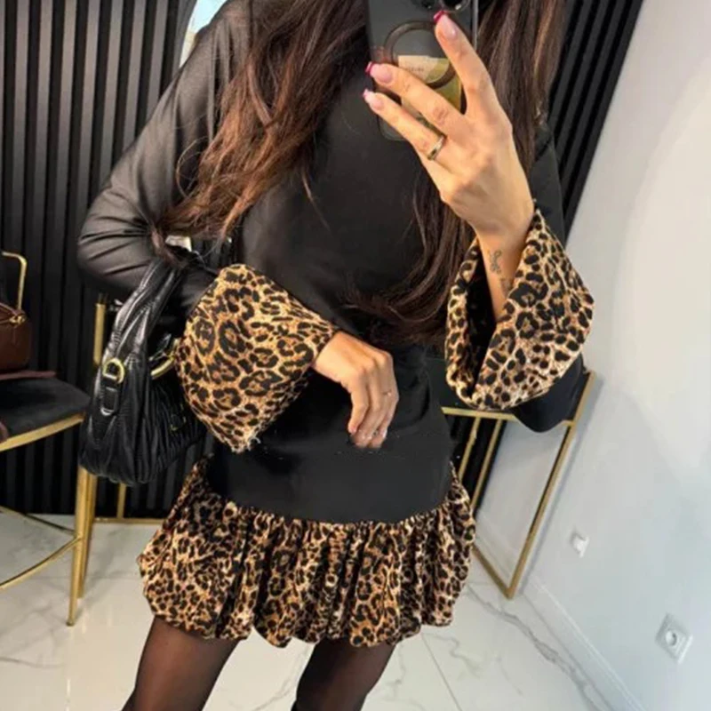 Ženy Príležitostné rozšírené rukávy štíhle krátke šaty Vintage leopard tlač Patchwork Mini šaty Elegantné okrúhle krk zahalené šaty A-line