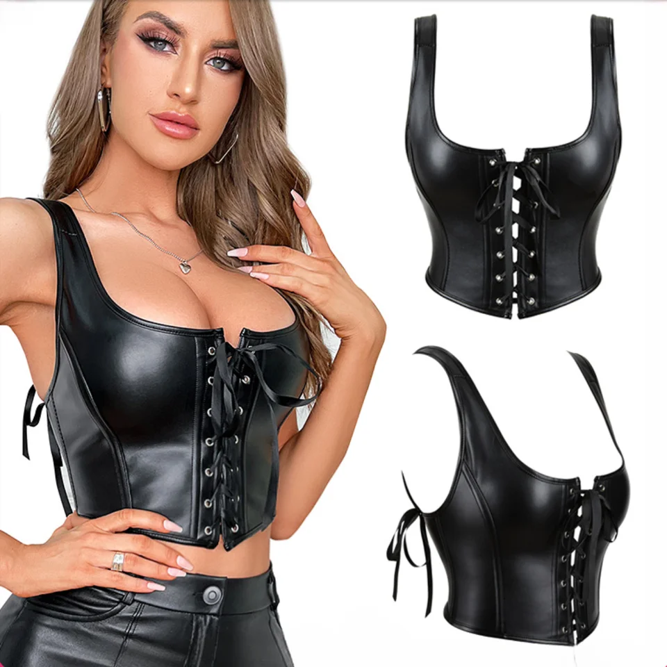 Ženy PU kožené bustierske korzetové plodiny Tops Top Tank Top Court Cami Gothic Punk Push Up Top podprsenka Viktoriánska vesta Bodice Shapewear