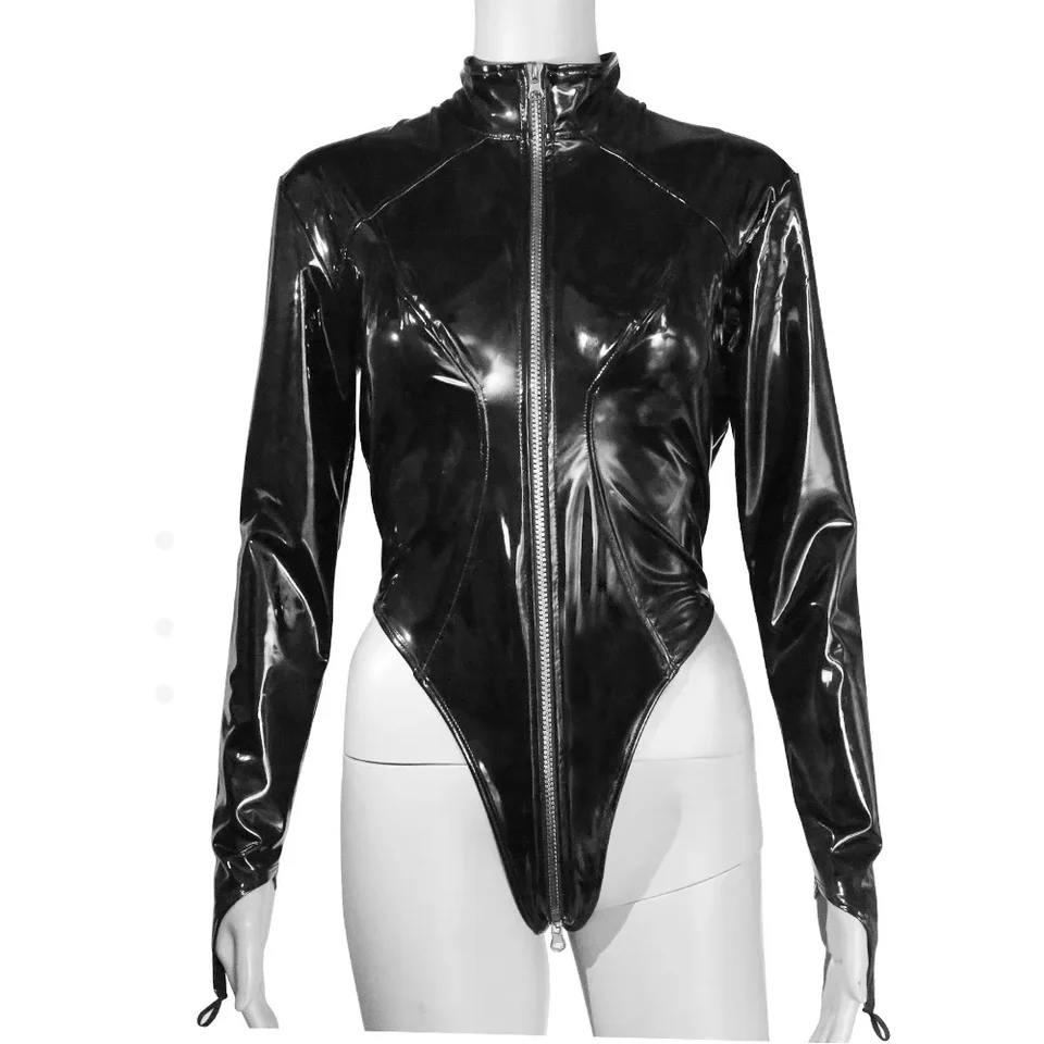 Ženy PVC Shiny High Cut BodySuit Bandage One Piece Reandex Open Crotch Latex Sexy Fashion High Fork T Crotch Hook-Finger Paniadky