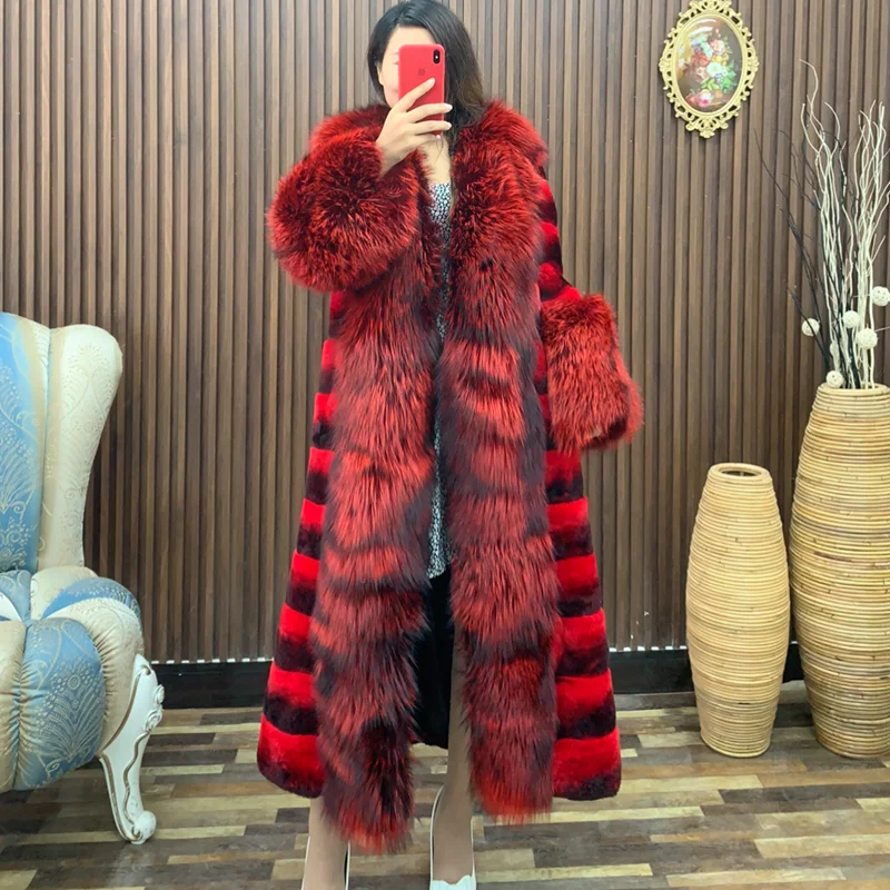 Ženy Red Real Rex Rabbit Curr Cort Fashion Chinchilla hrubý kabát s Fox Fox Fur Shawl Collar Winter Origin Furt Warm Outwear