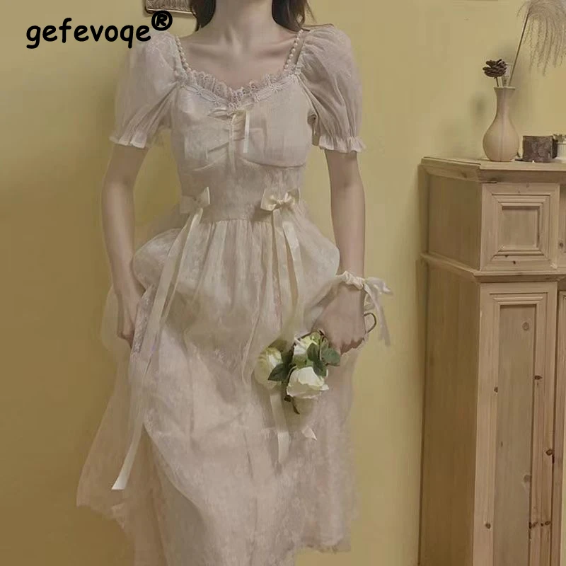 Ženy retro bandážové čipky Patchwork korálkové sladké elegantné elegantné párty šaty letné námestie golier s krátkym rukávom víla midi šaty Vestido