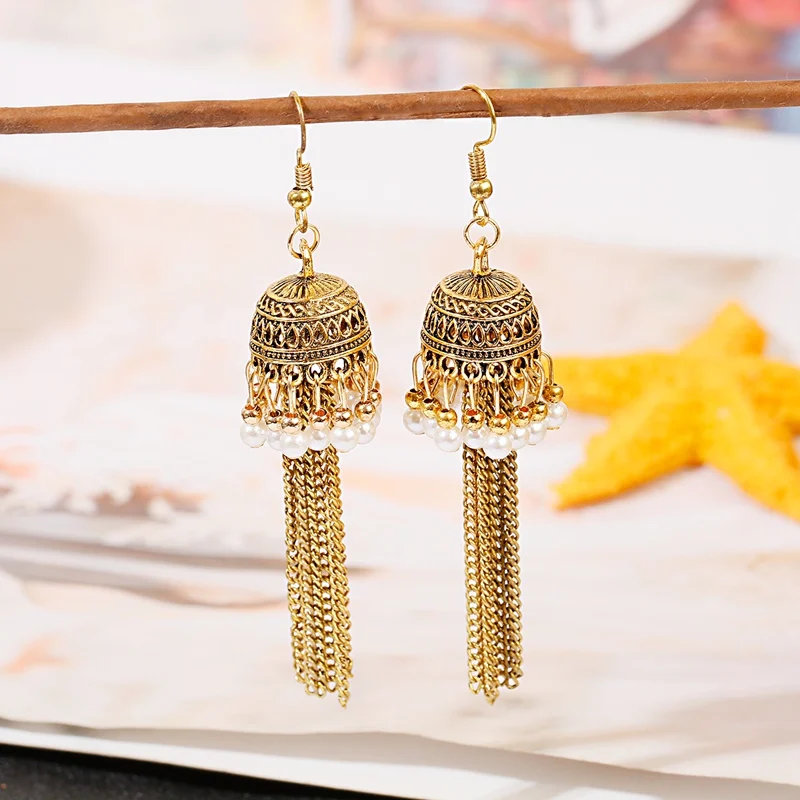 Ženy retro bollywood kundan jhumka jhumki veľké vtáky kvapky náušnice 2023 biele korálky s dlhým retiazkom Tassel náušnice Indické šperky