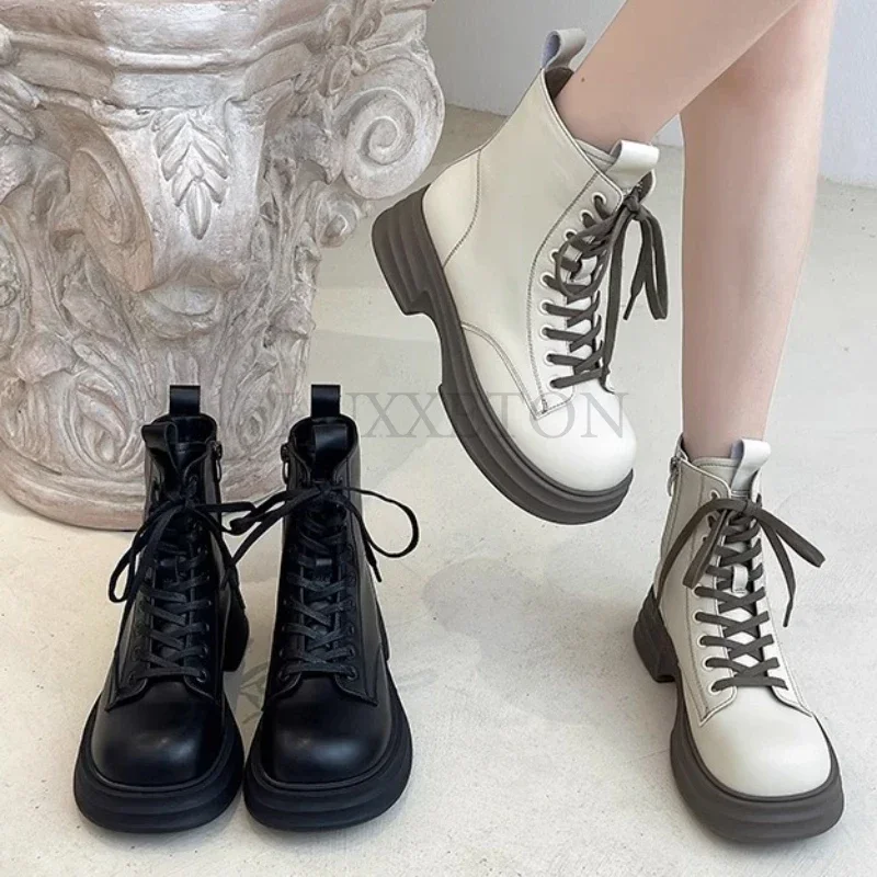 Ženy retro krátke topánky Jeseň British Street Style Zipper Shoes Lace Up členkové topánky Hrubé podrážky Zapatillas Plataforma Mujer