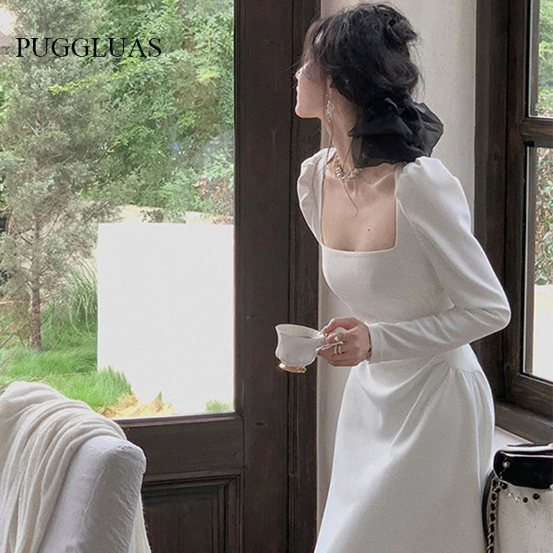 Ženy s dlhým rukávom štvorcový obojok biele svadobné šaty 2022 Jeseň Lady Kórejská módna elegantná večerná večierok Vestidos ples šaty