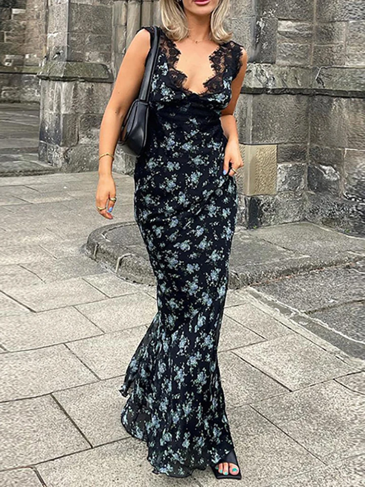 Ženy s elegantným mimosokom maxi šaty boho kvetinová tlač Rufle hem dlhé šaty dám