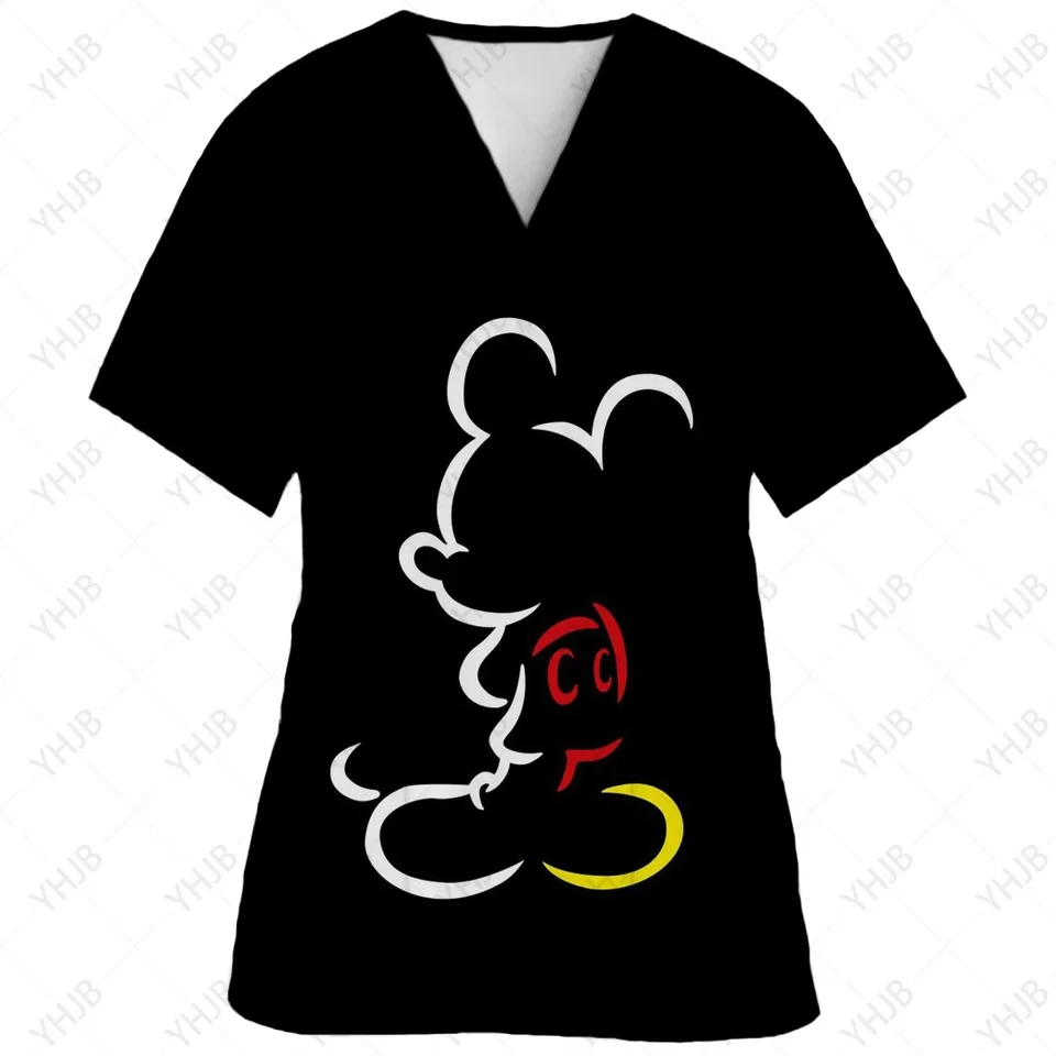 Ženy s krátkym rukávom Nurse Uniformné nemocničné pracovníčky Disney Minnie Mickey tlač grafické tričko V Topy tops kawaii pracovná uniforma