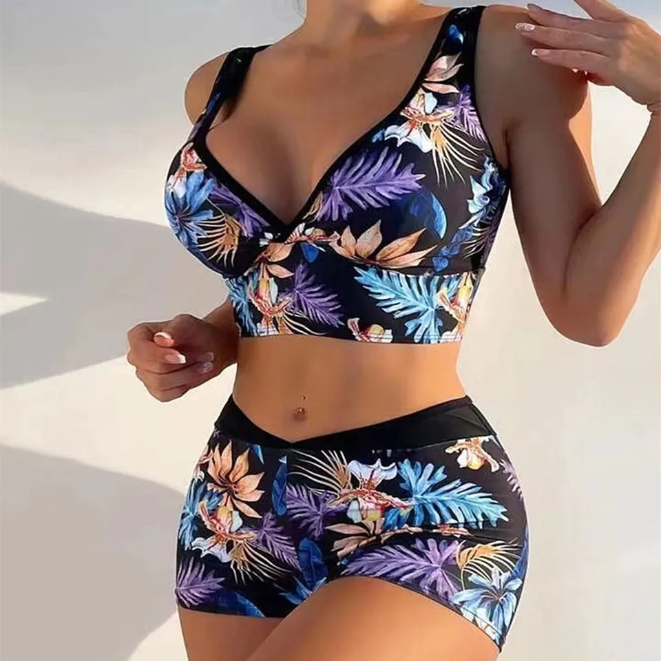 Ženy s vysokým pásom tlačené bikiny široké ramenné popruhy hranice vysoký pás