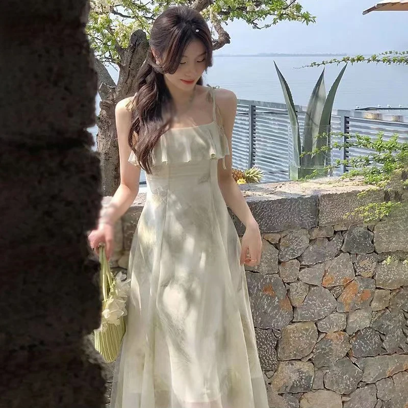 Ženy sa obliekajú letné francúzske vintage midi šaty tlače elegantná večierok sladké ženské oblečenie kórejské ležérne rozprávkové šaty