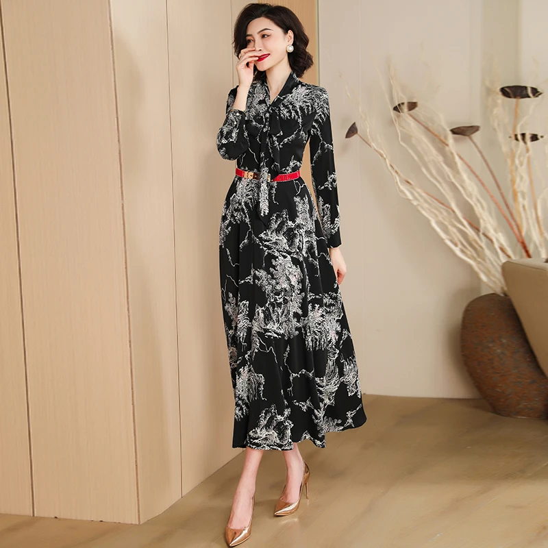 Ženy saténové leto Vytlačené šaty s dlhým rukávom Čierne a biele dievčatá Kancelária Lady Slim Bodycon Bow Dlhá šaty Dovolenka