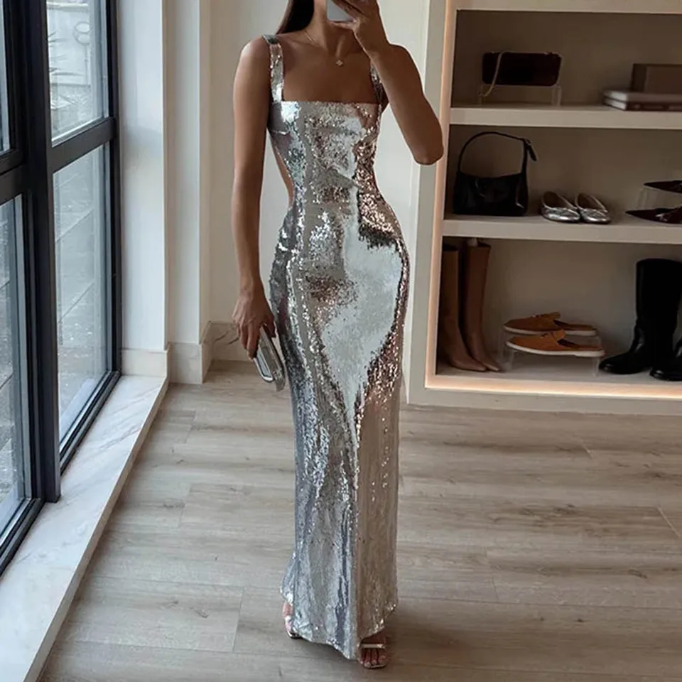 Ženy sexy flitry Bodycon maxi šaty módne štvorcové krk zadné šaty bez rukáv